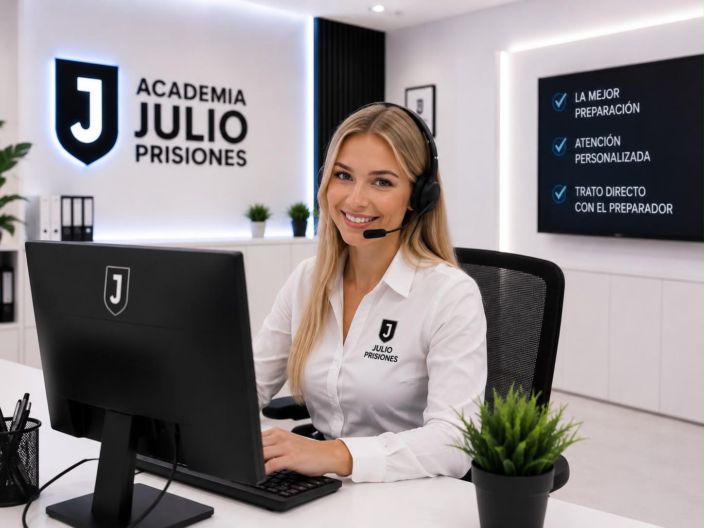 atención al cliente Chica de atención al cliente mirando pantalla en las oficinas de Julio Prisiones